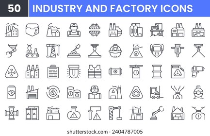 Conjunto de iconos de línea vectorial de fábrica e industria. Contiene iconos lineales como Automatización, Almacén, Fabricación, Trabajador, Grúa, Química, Montaje, Construcción, Elevador de horquilla. Uso editable y trazo.