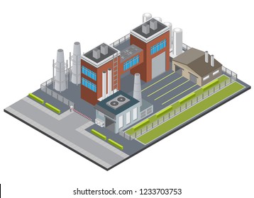 Factory Infrastructure Isometric Background With Entrance Industrial Buildings Chimney Garage On Fencing Territory 3d Vector Illustration