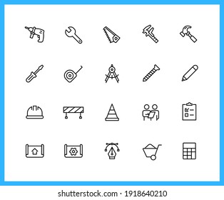 Factory and Instrument linear icons and color icons. equipment, hammer, screw. Set of wrench,gear symbols drawn with thin contour lines. Vector illustration.