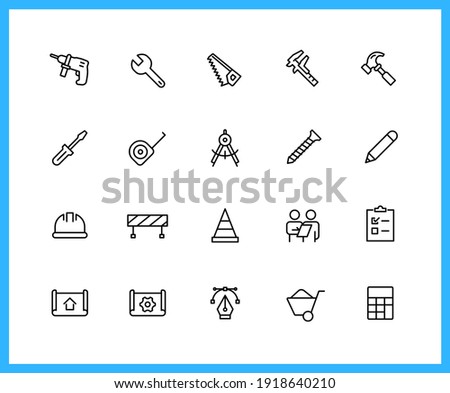 Factory and Instrument linear icons and color icons. equipment, hammer, screw. Set of wrench,gear symbols drawn with thin contour lines. Vector illustration.