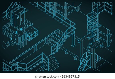 Primer plano interior de la fábrica. infraestructura industrial de producción Ilustración vectorial isométrica estilizada