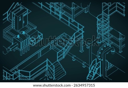 Factory interior close-up. industrial infrastructure of production stylized isometric vector illustration