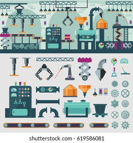 Factory interior concept with automated manufacturing process different parts and elements of conveyor system isolated vector illustration