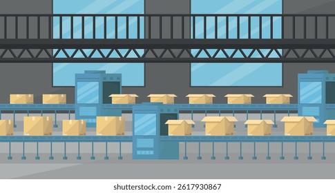 Fabrikinneres mit Förderband und Boxen. Fabrikproduktion. Logistiklager.