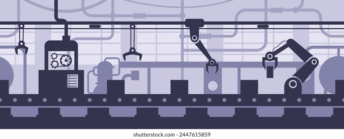 Factory interior conveyor line. Assembly line with conveyor belt, automated production process seamless vector background illustration. Robotic arm carrying packages, sorting warehouse silhouette