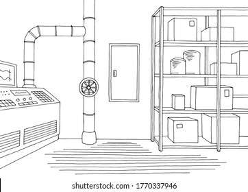 Factory Interior Graphic Black White Sketch Illustration Vector