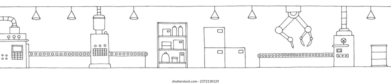 Factory interior graphic black white sketch long illustration vector 