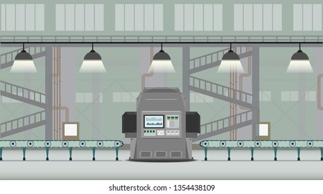 Factory interior with machine and conveyor belt flat design vector illustration