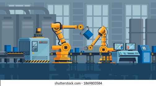 Factory interior. Manufacturing conveyor indoors, industrial line with robot arms, automated production equipment, electronic technical hardware, robotic system optimization technology vector concept
