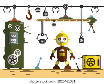 Factory Interior. Robot with Machines. Vector Illustration.