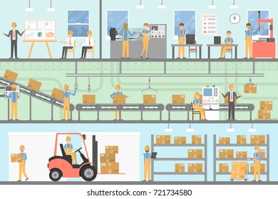 Factory interior set. People working with assembly line.