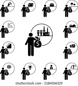 Factory, investor icon in a collection with other items
