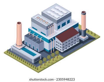 Factory isometric. Architecture of manufactures building. Concept of industrial working plant with chimney tower or pipes. 3d isolated icon