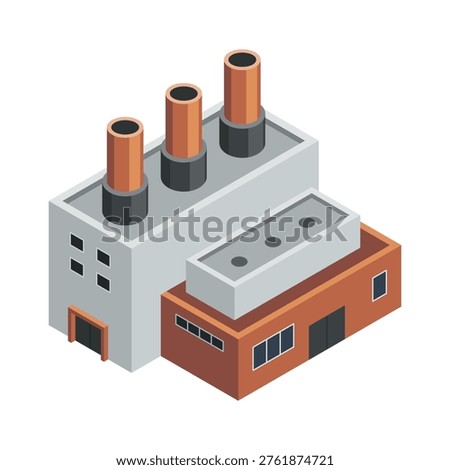 Factory isometric. Architecture of manufactures building. Concept of industrial working plant with chimney tower or pipes. 3d isolated icon.