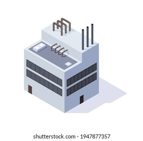 Factory isometric. Architecture of manufactures house. Concept of industrial working plant with chimney tower