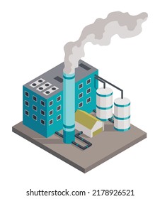 Factory isometric. Architecture of manufactures house. Industrial bulding. 3d isolated icon. Concept of industrial working plant with chimney pipe tower