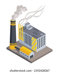 Factory isometric. Architecture of manufactures house. Industrial bulding. 3d isolated icon. Concept of industrial working plant with chimney pipe tower