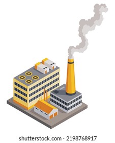 Factory isometric. Architecture of manufactures house. Industrial bulding. 3d isolated icon. Concept of industrial working plant with chimney pipe tower