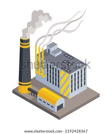 Factory isometric. Architecture of manufactures house. Industrial bulding. 3d isolated icon. Concept of industrial working plant with chimney pipe tower