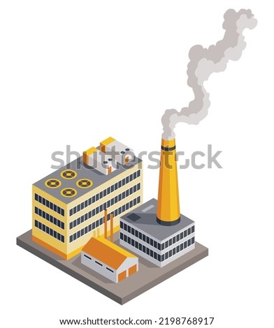 Factory isometric. Architecture of manufactures house. Industrial bulding. 3d isolated icon. Concept of industrial working plant with chimney pipe tower