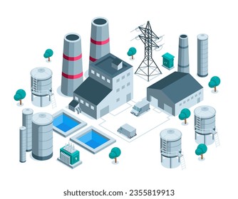 factory isometric in color on white background, power plant or industrial buildings