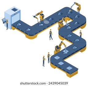 Factory isometric conveyor line. Industrial automated robotic conveyor, production 3d line. Electronic factory assembly line with plant workers. Composition isometric vector illustration