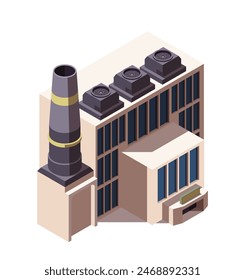Factory isometric icon. Factory with chimney tower, production building or chemical station. Industry and manufacturing. 3D vector illustration isolated on white background