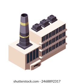 Factory isometric icon. Plant with chimney tower or pipe. Industrial building, chemical production station. Manufacturing and engineering. 3D vector illustration isolated on white background