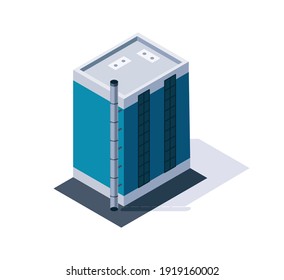 Factory isometric. Industrial bulding. 3d isolated icon. Concept of industrial working plant with chimney tower