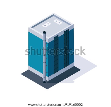 Factory isometric. Industrial bulding. 3d isolated icon. Concept of industrial working plant with chimney tower