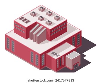 Fábrica isométrica. Construcción industrial. Concepto de planta industrial con torre de chimenea. Icono aislado 3d. Arquitectura de la casa de fabricación. Ilustración de dibujos animados