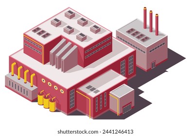 Factory isometric. Industrial bulding. Concept of industrial plant with chimney tower or pipes. 3d isolated icon. Architecture of manufacture house. Vector cartoon illustration