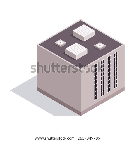 Factory isometric. Industrial bulding. Concept of industrial plant with chimney tower. 3d isolated icon. Architecture of manufacture house. Vector cartoon illustration
