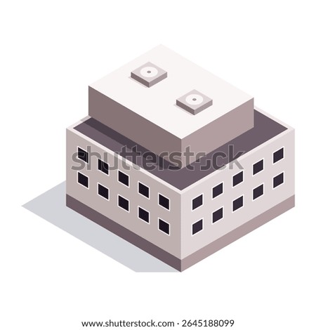 Factory isometric. Industrial bulding. Concept of industrial plant with chimney tower. 3d isolated icon. Architecture of manufacture house. Vector cartoon illustration