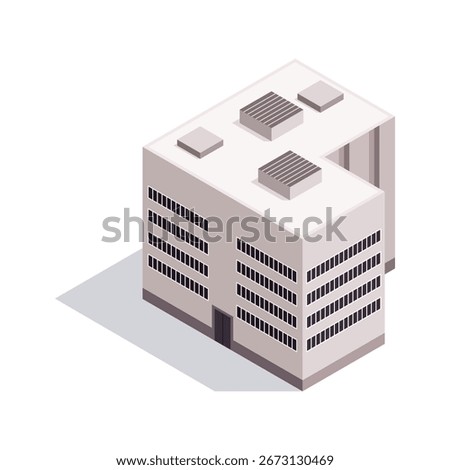 Factory isometric. Industrial bulding. Concept of industrial plant with chimney tower. 3d isolated icon. Architecture of manufacture house. Vector cartoon illustration