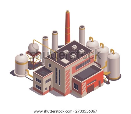 Factory isometric. Industrial bulding. Concept of industrial plant with chimney tower. 3d isolated icon. Architecture of manufacture house. Vector cartoon illustration