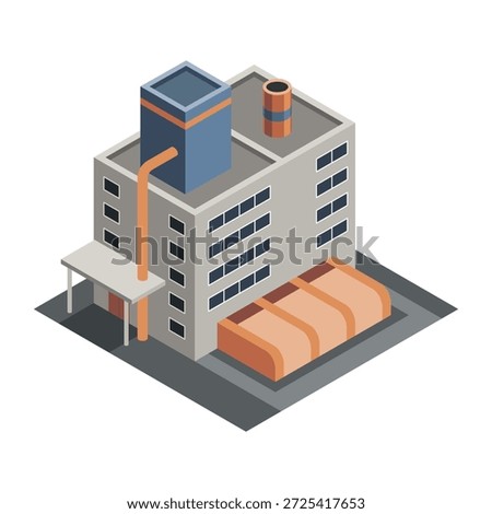Factory isometric. Industrial bulding. Concept of industrial plant with chimney tower. 3d isolated icon. Architecture of manufacture house. Vector cartoon illustration