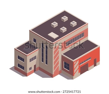 Factory isometric. Industrial bulding. Concept of industrial plant with chimney tower. 3d isolated icon. Architecture of manufacture house. Vector cartoon illustration