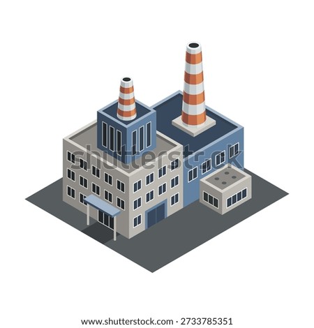 Factory isometric. Industrial bulding. Concept of industrial plant with chimney tower. 3d isolated icon. Architecture of manufacture house. Vector cartoon illustration