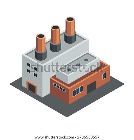 Factory isometric. Industrial bulding. Concept of industrial plant with chimney tower. 3d isolated icon. Architecture of manufacture house. Vector cartoon illustration