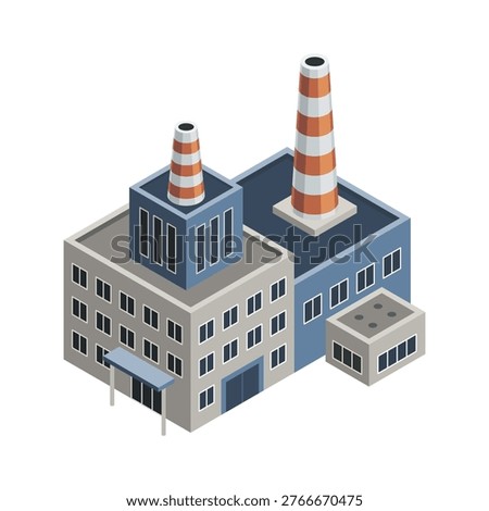 Factory isometric. Industrial bulding. Concept of industrial plant with chimney tower. 3d isolated icon. Architecture of manufacture house. Vector cartoon illustration.