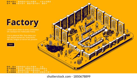 Factory isometric landing page, people work on assemble line, workers on conveyor belt with cyborgs arms and bottles production. Automation process, nature pollution, 3d vector line art web banner