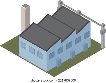 Factory with isometric solar panels, with utility poles and wires