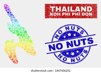 Factory Koh Phi Don map and blue No Nuts textured seal stamp. Colorful gradient vector Koh Phi Don map mosaic of repair components. Blue round No Nuts seal.