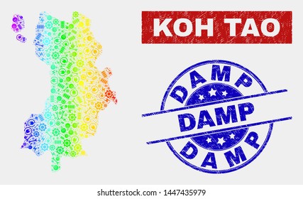 Factory Koh Tao map and blue Damp scratched seal. Spectrum gradient vector Koh Tao map mosaic of tools. Blue round Damp seal.