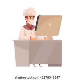 Trabajador de fábrica o laboratorio con máscara que trabaja en ilustraciones de vectores planas por computadora