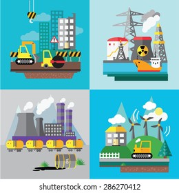 Factory landscape, Ecology Concept - industry factory. Ecology Concept Vector Icons Set for Environment, Flat style vector illustration.