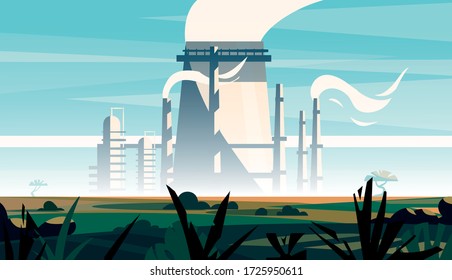 Factory landscape in an open field. Environmental pollution. Cartoon vector illustration of a factory