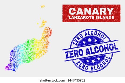 Factory Lanzarote Islands map and blue Zero Alcohol distress seal stamp. Rainbow colored gradiented vector Lanzarote Islands map mosaic of production parts. Blue rounded Zero Alcohol stamp.