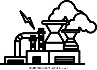 A factory with a large smokestack and a lightning bolt in the sky. The factory is surrounded by a cloud of smoke
